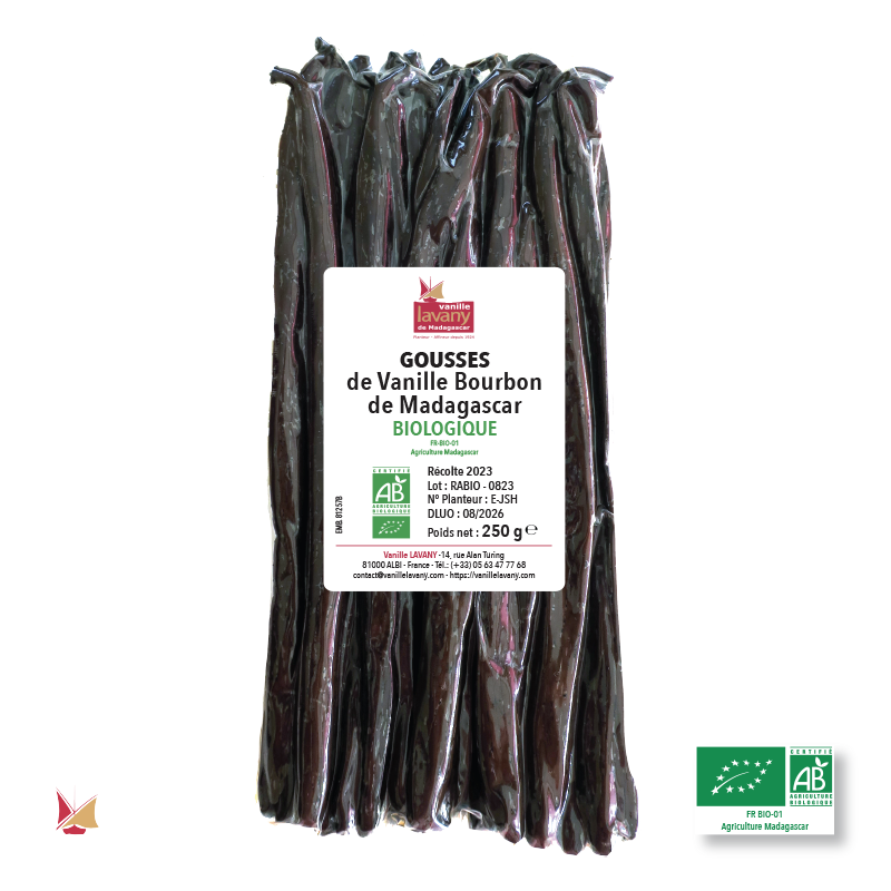 Paquet sous vide de 250 g de gousses de Vanille Bourbon de Madagascar Agriculture Biologique