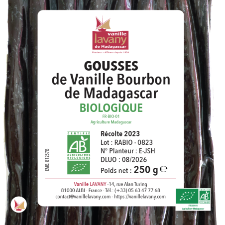 Étiquette d'un paquet de 250 g de Gousses de Vanille Bourbon de Madagascar Agriculture Biologique