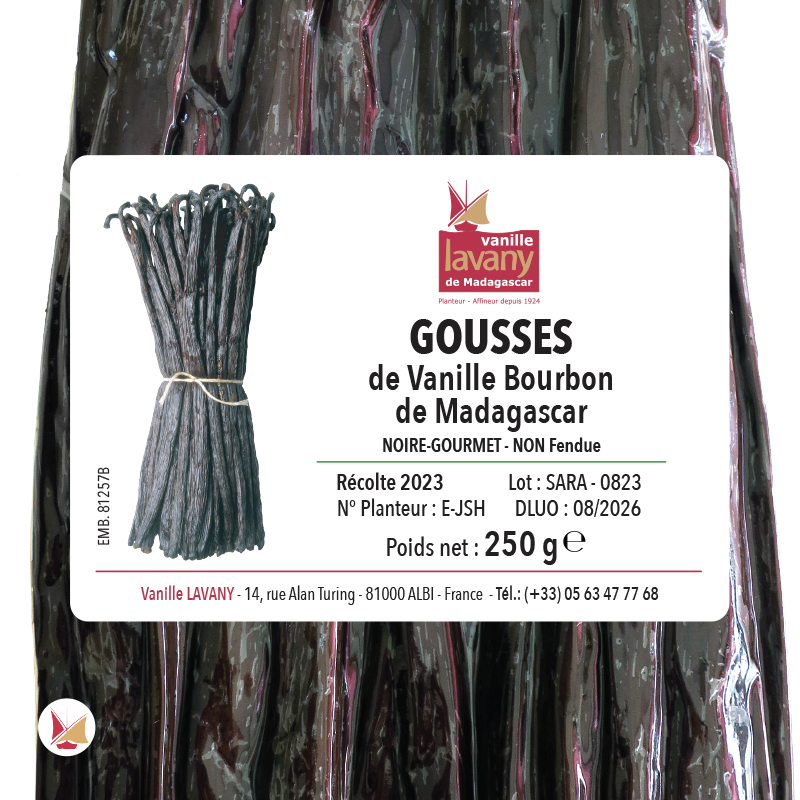 Étiquette d'un paquet de 250g de Vanilles Conventionnelles LAVANY Bourbon de Madagascar