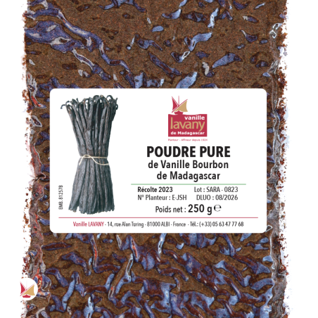 Étiquette d'un sachet de 250 g de Poudre CONVENTIONNELLE de Vanille LAVANY Bourbon de Madagascar