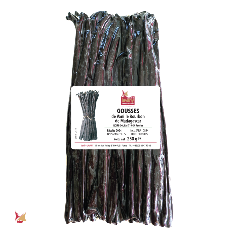 Confezione sottovuoto da 250 g di Baccelli di Vaniglia Bourbon LAVANY del Madagascar. Agricoltura convenzionale.