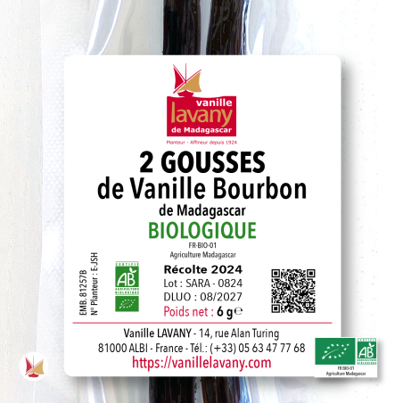 Label of 2 LAVANY Bourbon Vanilla Pods from Madagascar Organic Farming