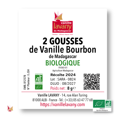 Label of 2 LAVANY Bourbon Vanilla Pods from Madagascar Organic Farming Total net weight 8 g