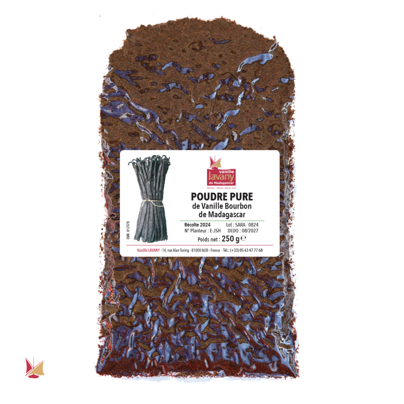 Vacuum-packed package of 250g of LAVANY Bourbon Vanilla Powder from Madagascar Conventional Agriculture