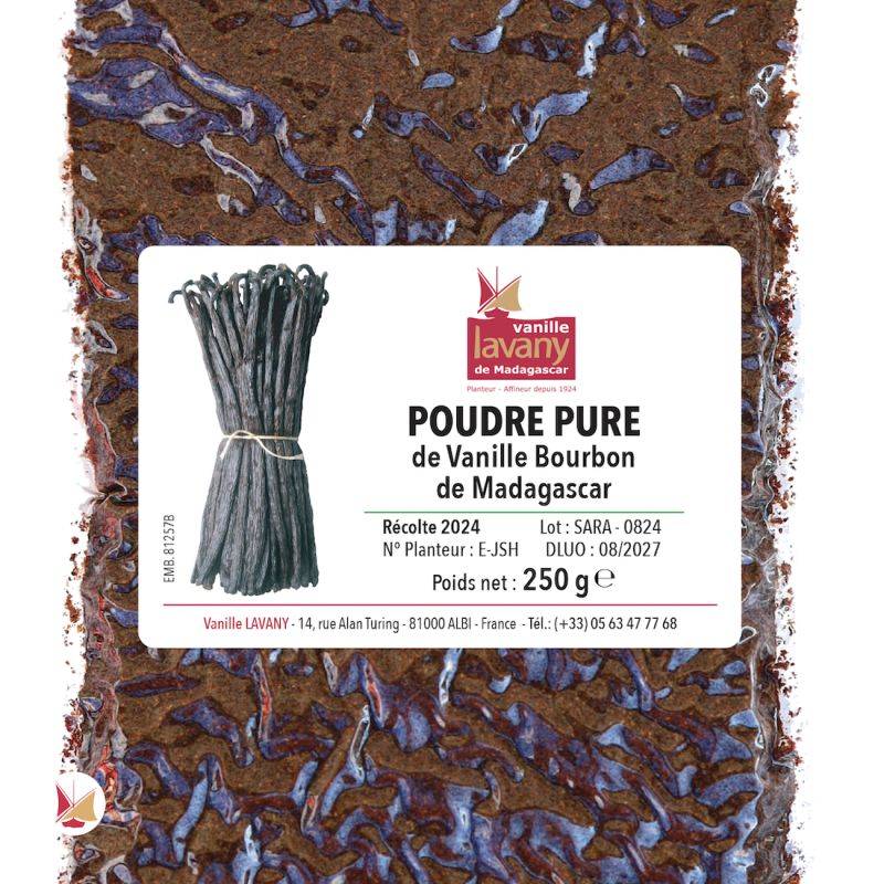 Label of a package of 250g of LAVANY Bourbon Vanilla Powder from Madagascar Conventional Agriculture