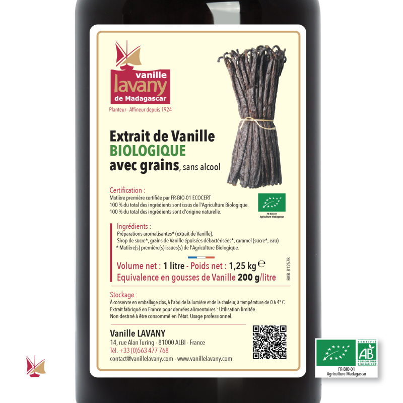 Label of 1 liter of Extract 200 of LAVANY Bourbon Vanilla from Madagascar with grains Organic Farming