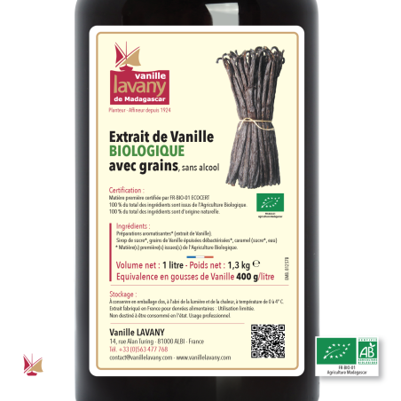 Label of 1 liter of Extract 400 of LAVANY Bourbon Vanilla from Madagascar with grains Organic Farming