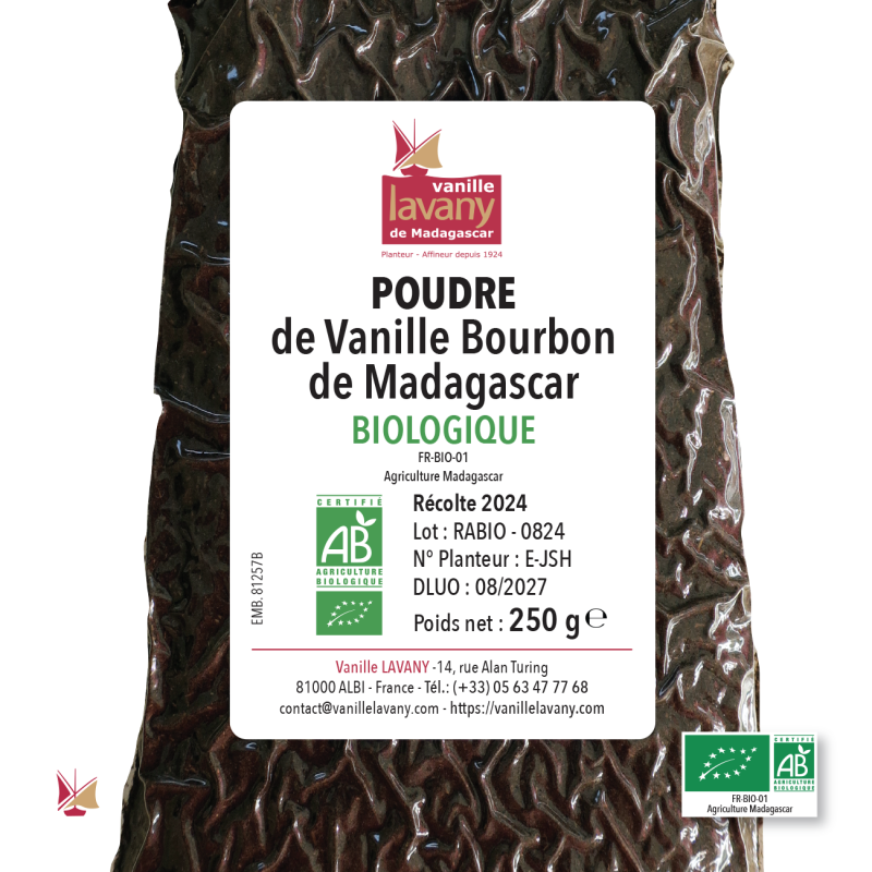 Etichetta di una confezione da 250 g di Vaniglia Bourbon in polvere LAVANY da agricoltura biologica del Madagascar