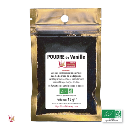 Sachet dose à fermeture zip de 15 g de Poudre de Vanille LAVANY issue de gousses Bourbon de Madagascar Agriculture Biologique