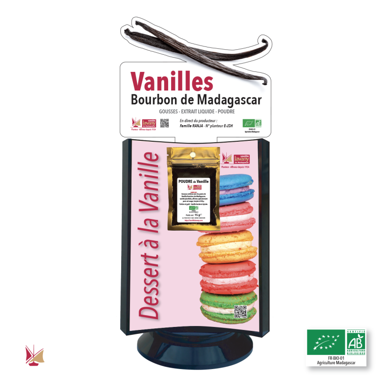 Présentoir de comptoir avec trois produits Vanille LAVANY : Gousses, Poudre, Extrait, Agriculture Biologique