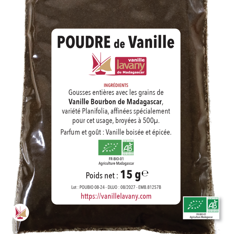 Label of 1 sachet of 15 g of LAVANY Vanilla Powder from Bourbon pods from Madagascar Organic Farming