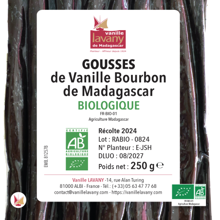 Label of a pack of 250g of LAVANY Bourbon Vanilla Pods from Madagascar Organic farming