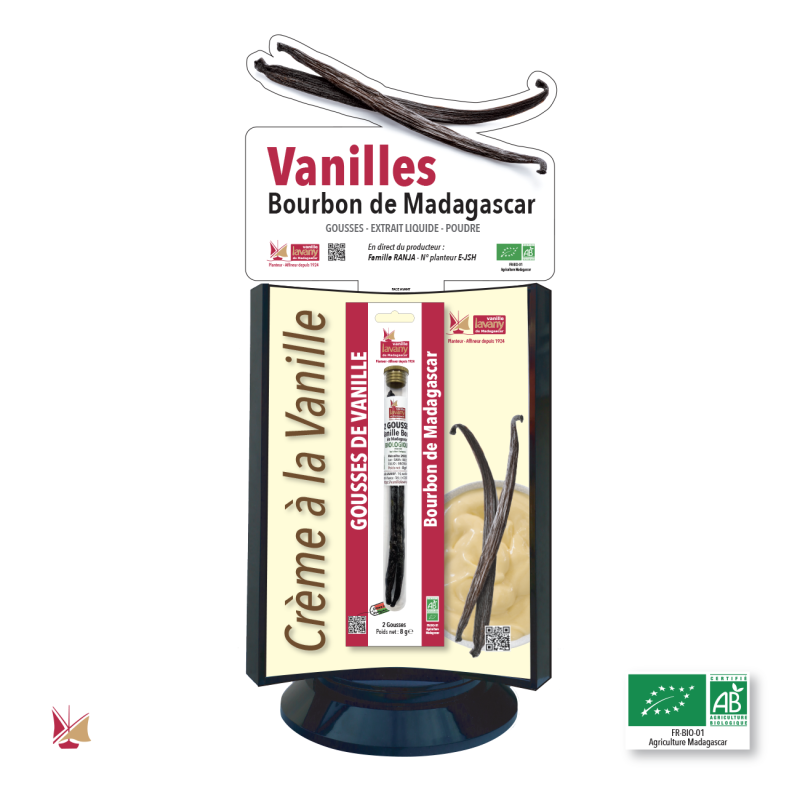 Présentoir de comptoir pour 3 produits Vanille LAVANY : Gousses, Extraits, Poudre Agriculture Biologique