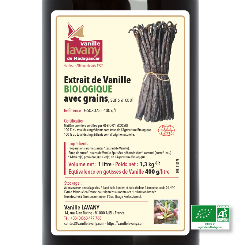 Étiquette d'Extrait 400g de Vanille BIOLOGIQUE avec les grains