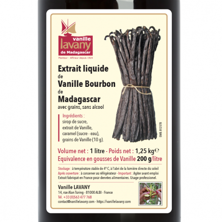 Liquid extract of Bourbon Vanilla from Madagascar, concentration equivalent  to 200 grams of Vanilla per liter, alcohol-free, wit