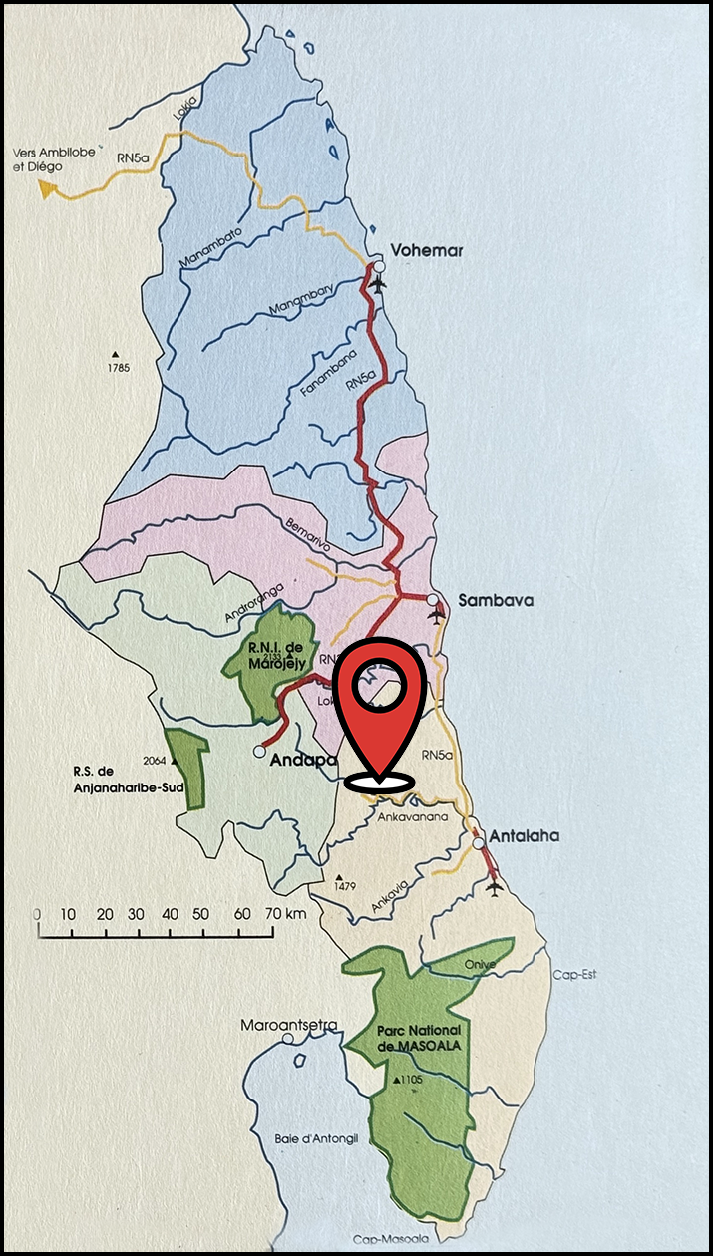 Mappa di SAVA la regione nord-orientale del Madagascar con la posizione del villaggio cespuglio di Betavilona